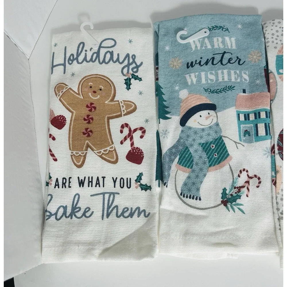LOT of 3 Blue Whimsical Christmas Holiday Tea Hand Towels Nutcracker Snowman‎